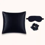 Coffret en soie bleu nuit luxe avec taie 65x65, masque et chouchou