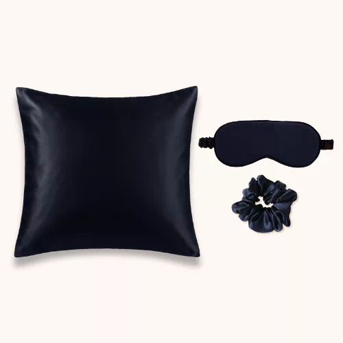 Coffret en soie bleu nuit luxe avec taie 65x65, masque et chouchou
