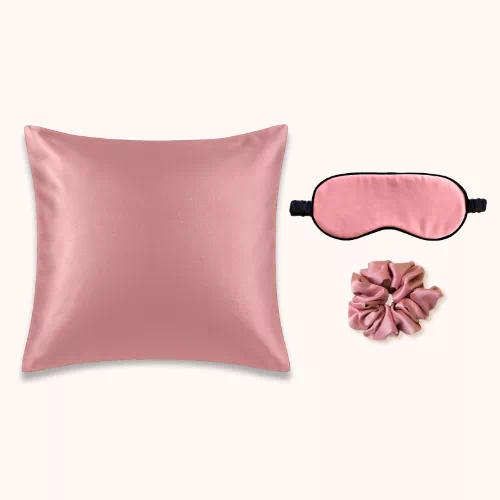 Coffret en soie bois de rose avec taie 65x65, masque et chouchou Gaïanne