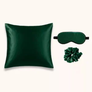 Coffret en soie vert sapin luxe taie 65x65, masque, chouchou