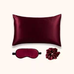 Coffret luxe en soie bordeaux rectangulaire 50x70 avec masque et chouchou