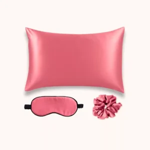 Coffret beauté en soie rose corail rectangulaire 50x70, masque, chouchou