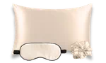 Coffret en soie champagne avec taie d’oreiller, masque de nuit et chouchou