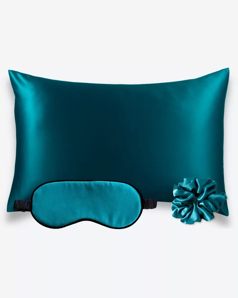 Coffret en soie Bleu canard avec taie d’oreiller, masque de nuit et chouchou