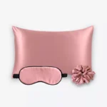 Taie d’oreiller, masque de nuit et chouchou en soie bois de rose