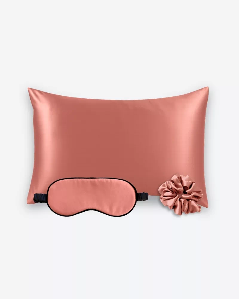 Taie d’oreiller, masque de nuit et chouchou en soie terracotta