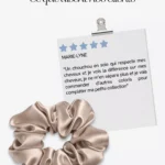 Avis client sur le chouchou en soie de mûrier GAÏANNE Paris, accompagné d'un chouchou couleur Champagne.