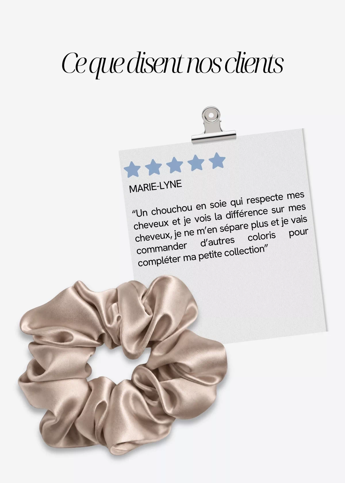 Avis client sur le chouchou en soie de mûrier GAÏANNE Paris, accompagné d'un chouchou couleur Champagne.