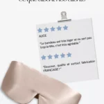 Avis clients sur le masque bandeau réglable en soie GAÏANNE Paris, illustrés avec un bandeau de nuit en soie couleur Champagne.