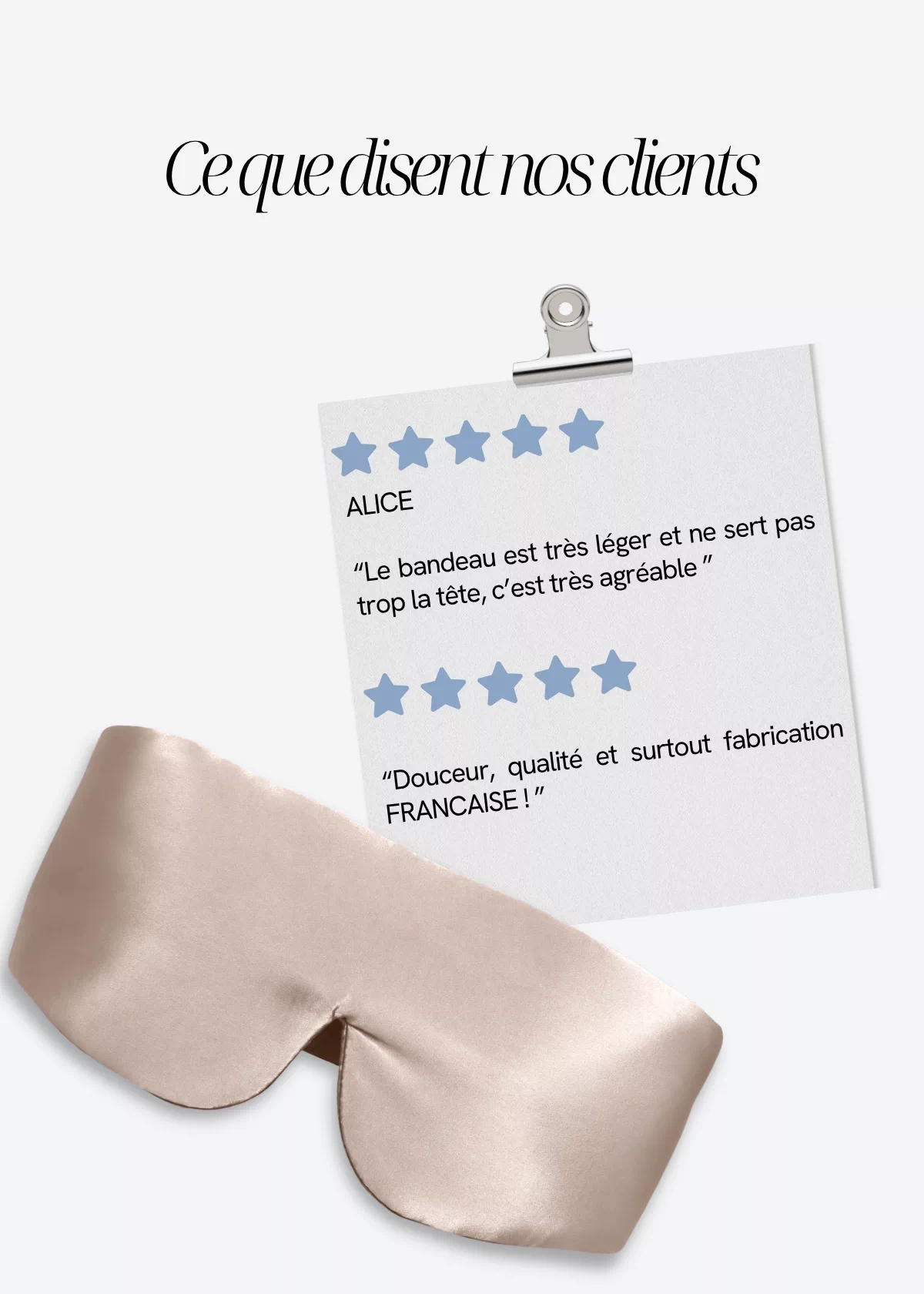 Avis clients sur le masque bandeau réglable en soie GAÏANNE Paris, illustrés avec un bandeau de nuit en soie couleur Champagne.
