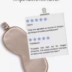 Avis clients sur le masque de nuit en soie de mûrier GAÏANNE Paris, illustrés par un masque couleur Champagne et des évaluations cinq étoiles.