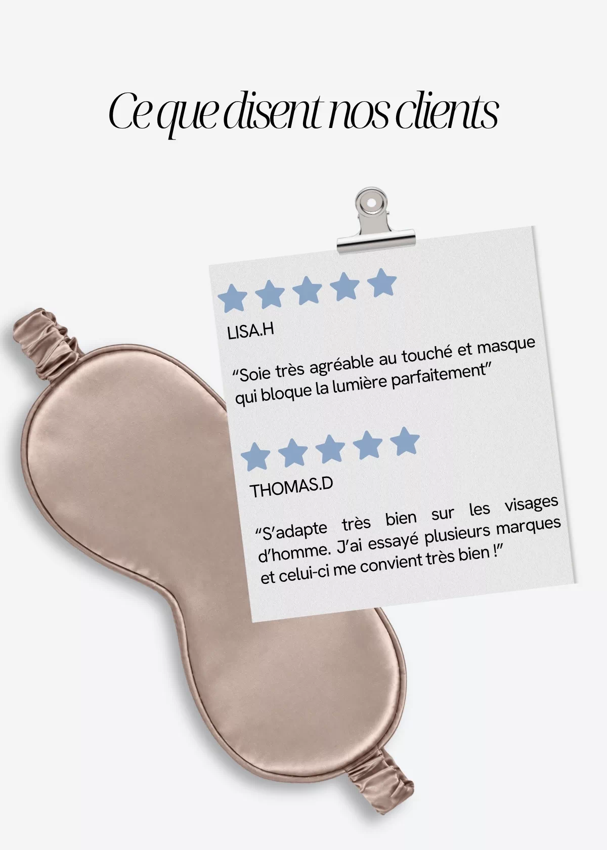 Avis clients sur le masque de nuit en soie de mûrier GAÏANNE Paris, illustrés par un masque couleur Champagne et des évaluations cinq étoiles.