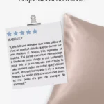 Avis d'une cliente sur la taie d'oreiller en soie de mûrier GAÏANNE Paris, présenté sur une photo de taie en soie couleur Champagne.