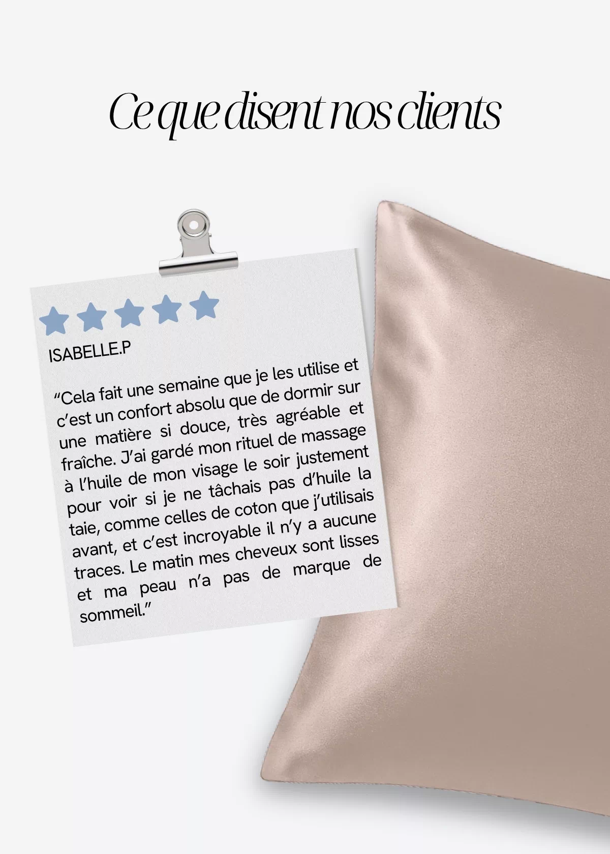 Avis d'une cliente sur la taie d'oreiller en soie de mûrier GAÏANNE Paris, présenté sur une photo de taie en soie couleur Champagne.