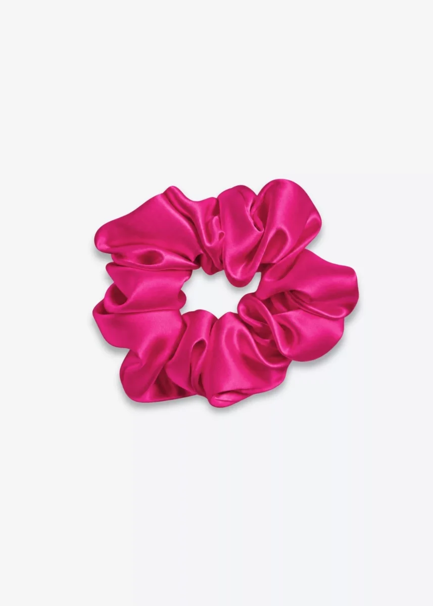 Grand chouchou en soie rose fuchsia, vu de dessus.