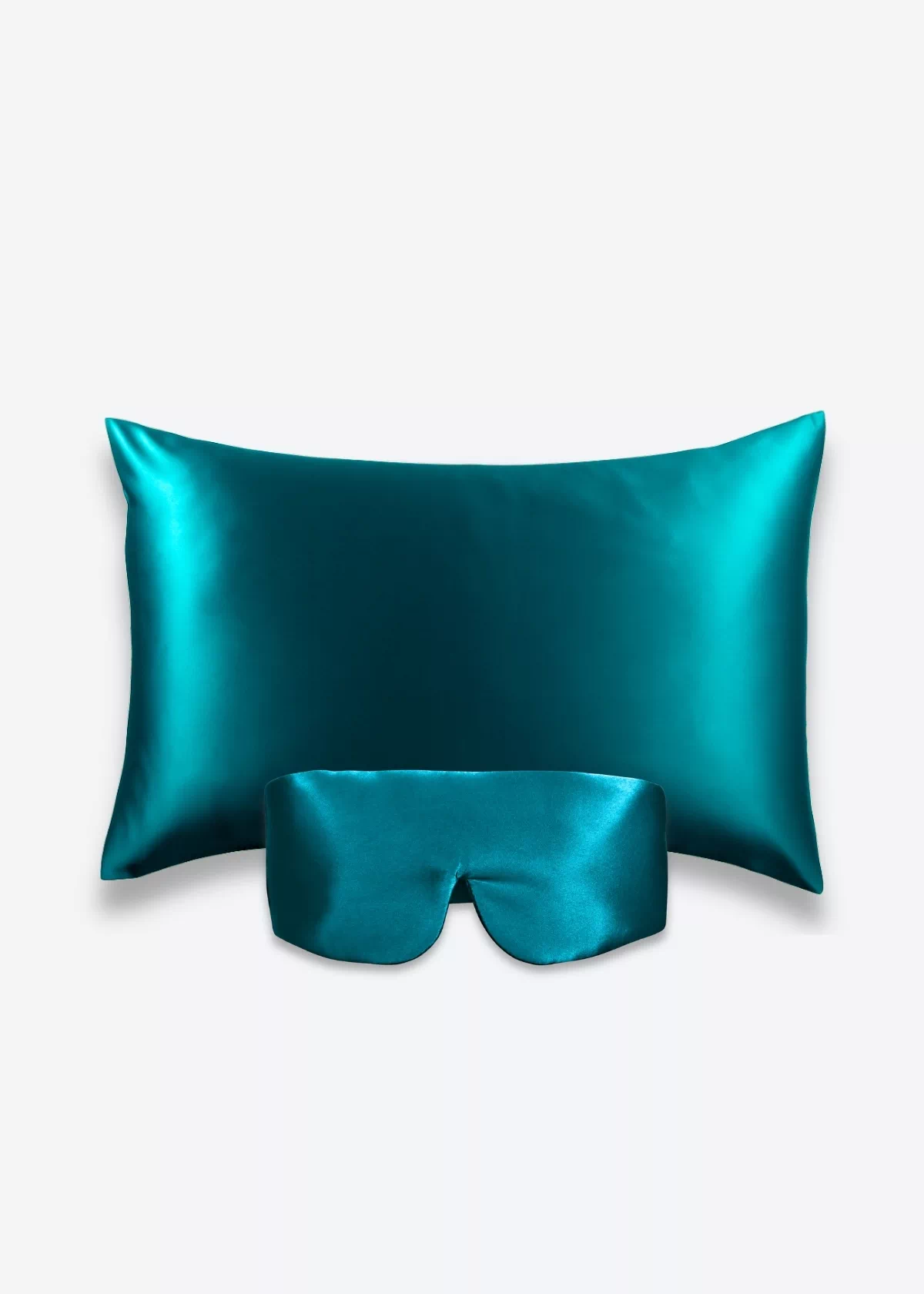 Coffret Beauty Sleep Bandeau : taie d’oreiller et masque bandeau réglable en soie bleu canard.