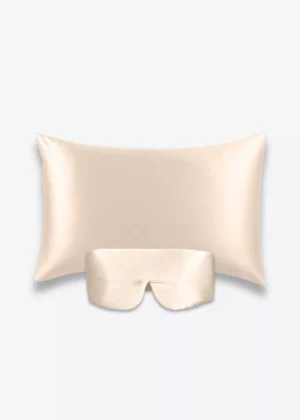 Coffret Beauty Sleep Bandeau : taie d’oreiller et masque bandeau réglable en soie champagne.