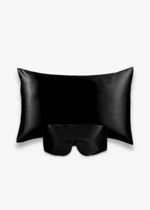 Coffret Beauty Sleep Bandeau : taie d’oreiller et masque bandeau réglable en soie noire.