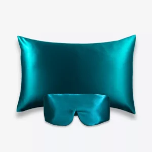 Coffret Beauty Sleep Bandeau : taie d’oreiller et masque bandeau réglable en soie bleu canard.