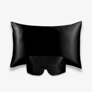 Coffret Beauty Sleep Bandeau : taie d’oreiller et masque bandeau réglable en soie noire.