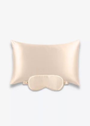Coffret Beauty Sleep : taie d’oreiller et masque de nuit classique en soie champagne.