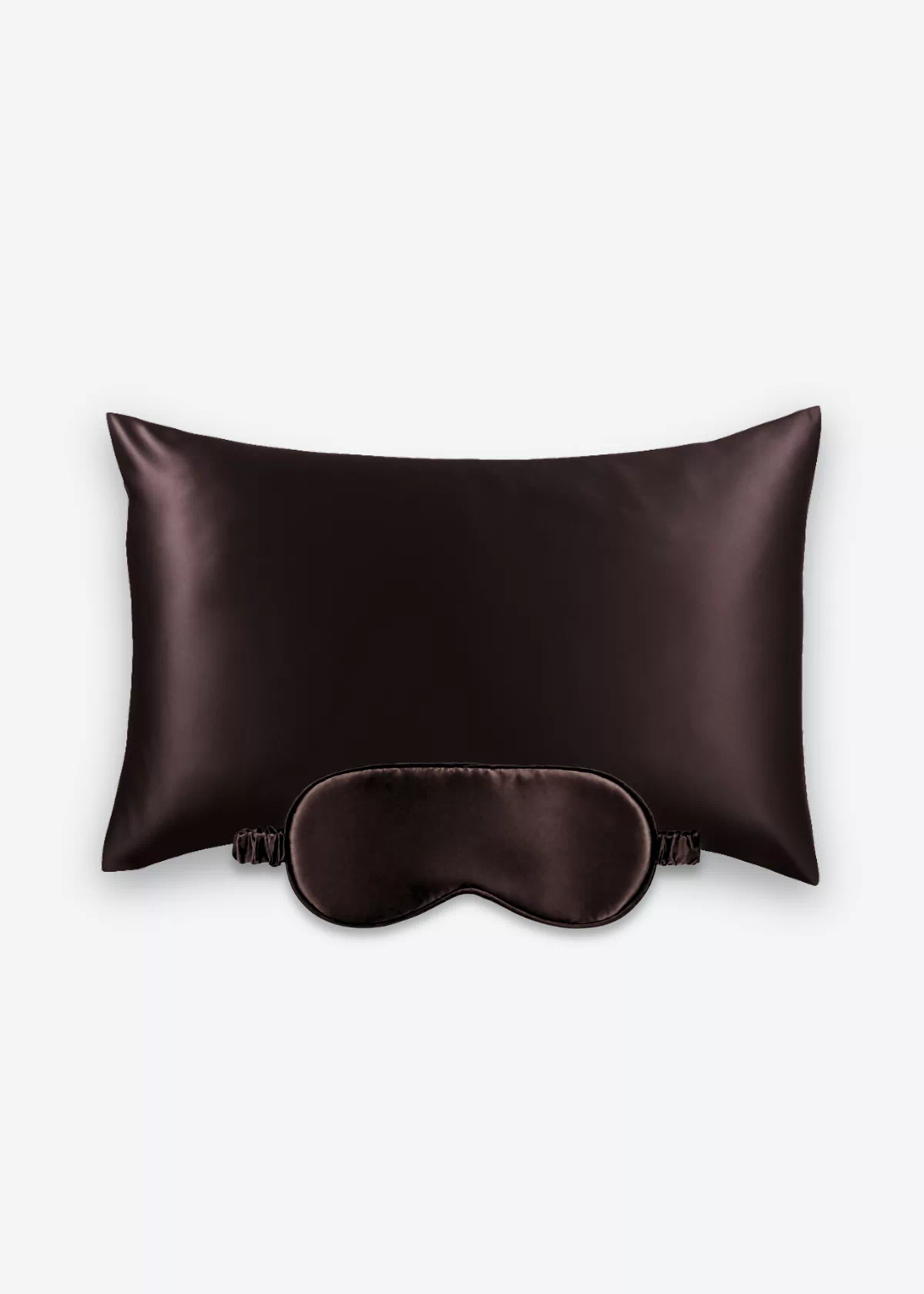 Coffret Beauty Sleep : taie d’oreiller et masque de nuit classique en soie marron chocolat.