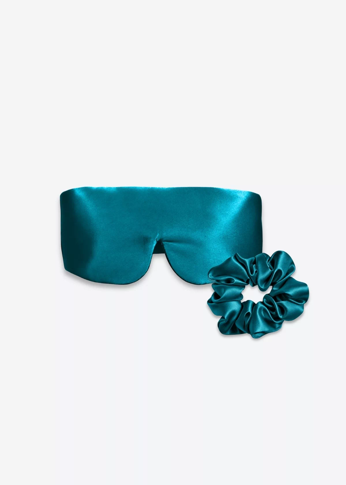 Coffret Duo Nuit Bandeau : masque bandeau réglable et grand chouchou en soie bleu canard.