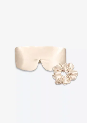 Coffret Duo Nuit Bandeau : masque bandeau réglable et grand chouchou en soie champagne.