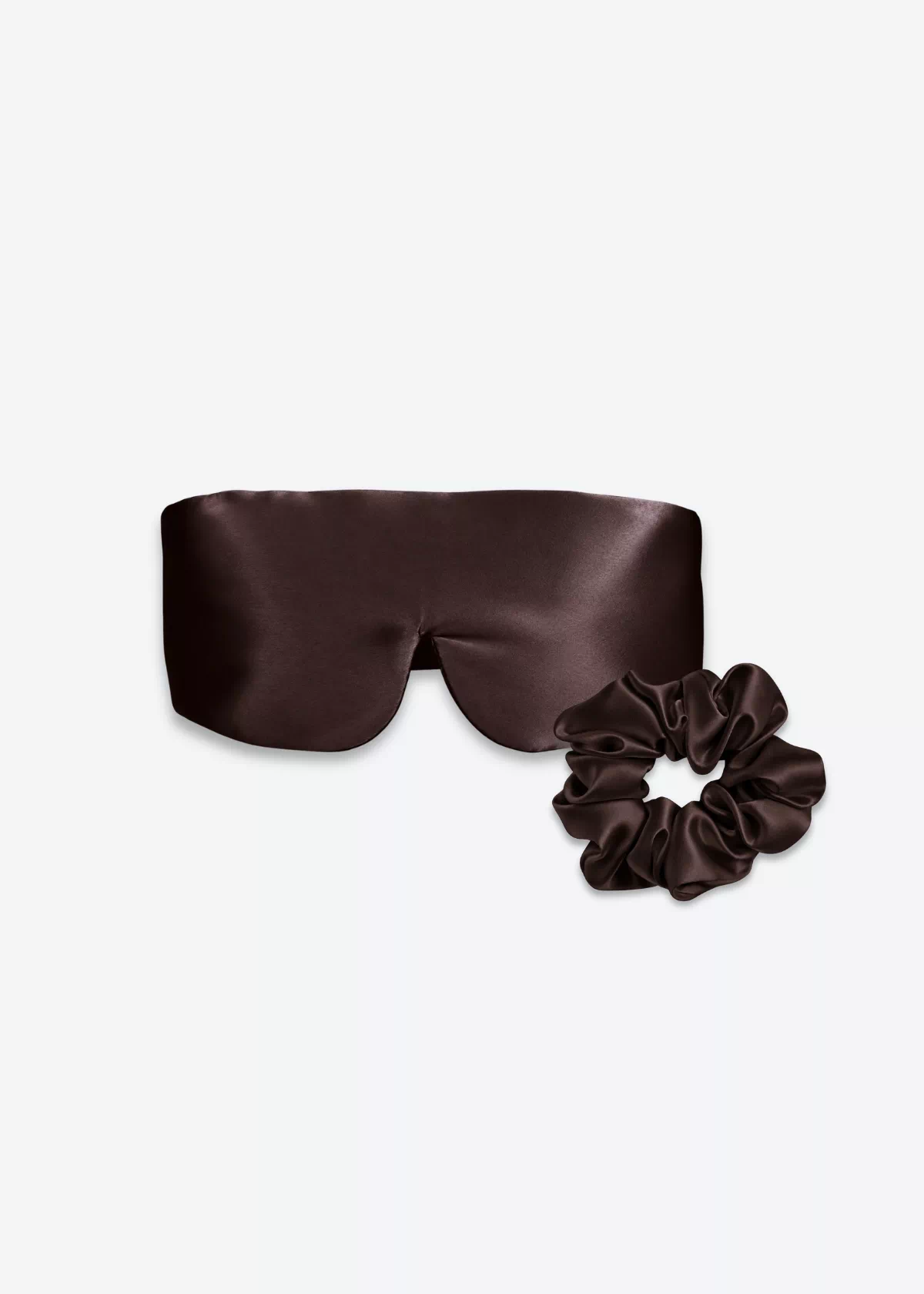 Coffret Duo Nuit Bandeau : masque bandeau réglable et grand chouchou en soie marron chocolat.