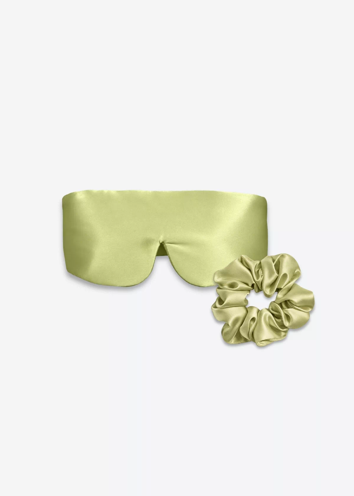 Coffret Duo Nuit Bandeau : masque bandeau réglable et grand chouchou en soie vert amande.
