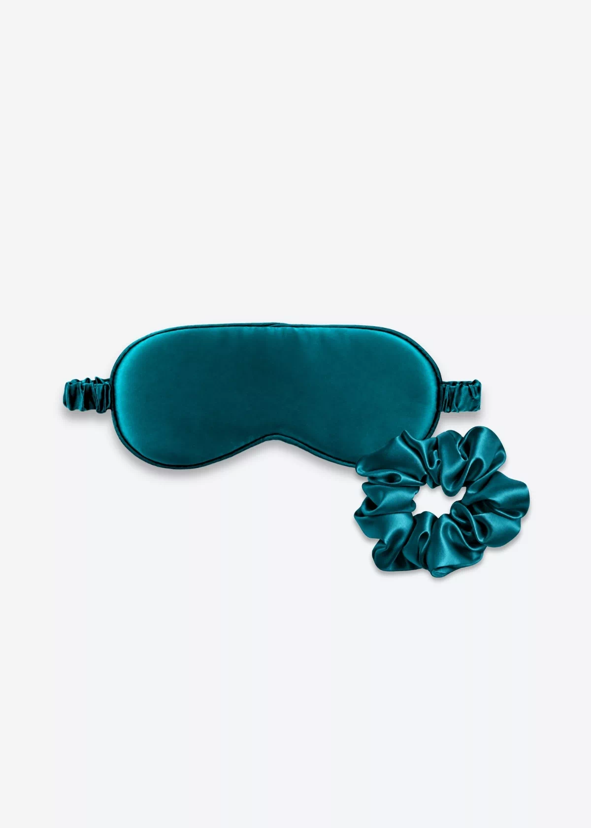 Coffret Duo Nuit : masque de nuit classique et grand chouchou en soie bleu canard.