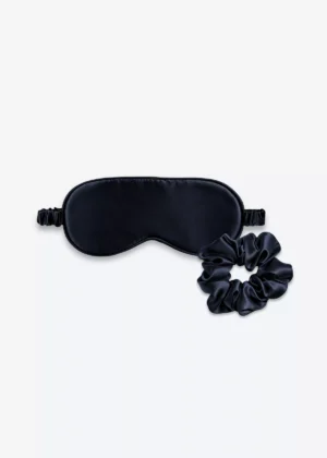 Coffret Duo Nuit : masque de nuit classique et grand chouchou en soie bleu nuit.