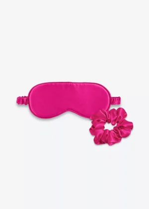 Coffret Duo Nuit : masque de nuit classique et grand chouchou en soie rose fuchsia.