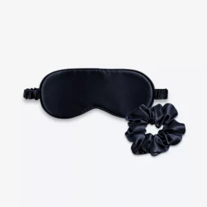 Coffret Duo Nuit : masque de nuit classique et grand chouchou en soie bleu nuit.