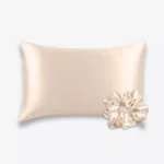 Coffret Peau & Cheveux : taie d’oreiller et grand chouchou en soie champagne.