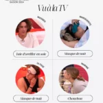 Montage de séquences de la Star Academy sur TF1 présentant des accessoires en soie : taie d'oreiller, masques de nuit et chouchou.