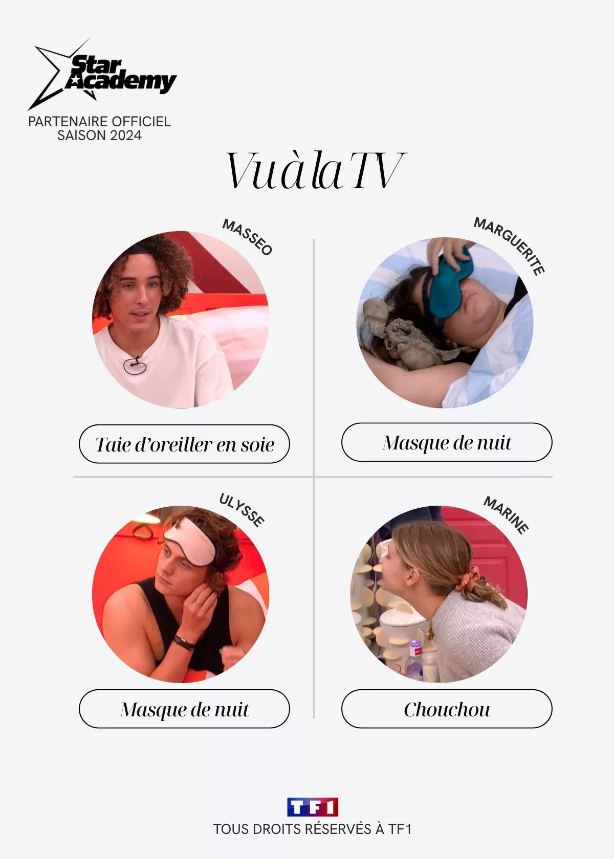 Montage de séquences de la Star Academy sur TF1 présentant des accessoires en soie : taie d'oreiller, masques de nuit et chouchou.
