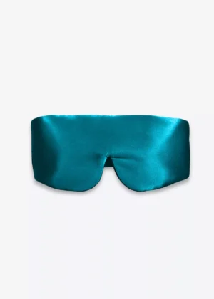 Masque bandeau réglable en soie bleu canard, vu de face.