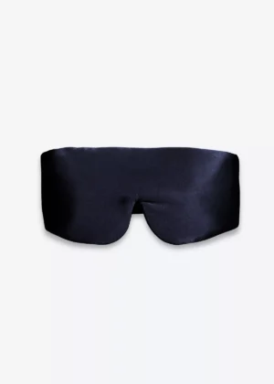 Masque bandeau réglable en soie bleu nuit, vu de face.