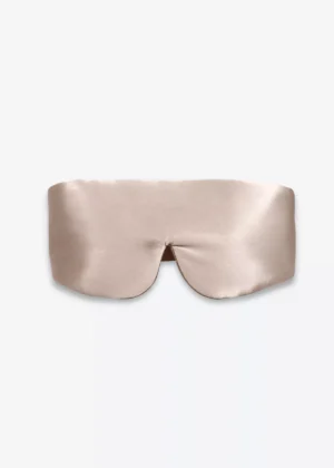 Masque bandeau réglable en soie taupe, vu de face.