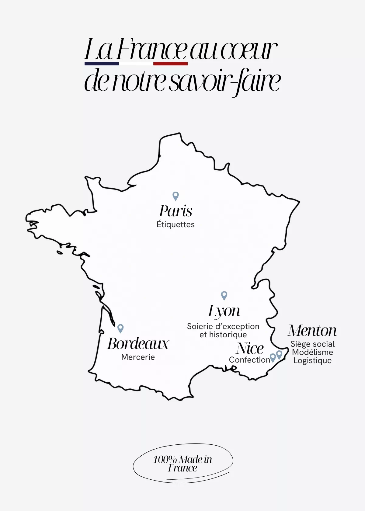 Carte de France présentant le savoir-faire français de GAÏANNE Paris, avec ses implantations à Lyon, Nice, Menton, Paris et Bordeaux.